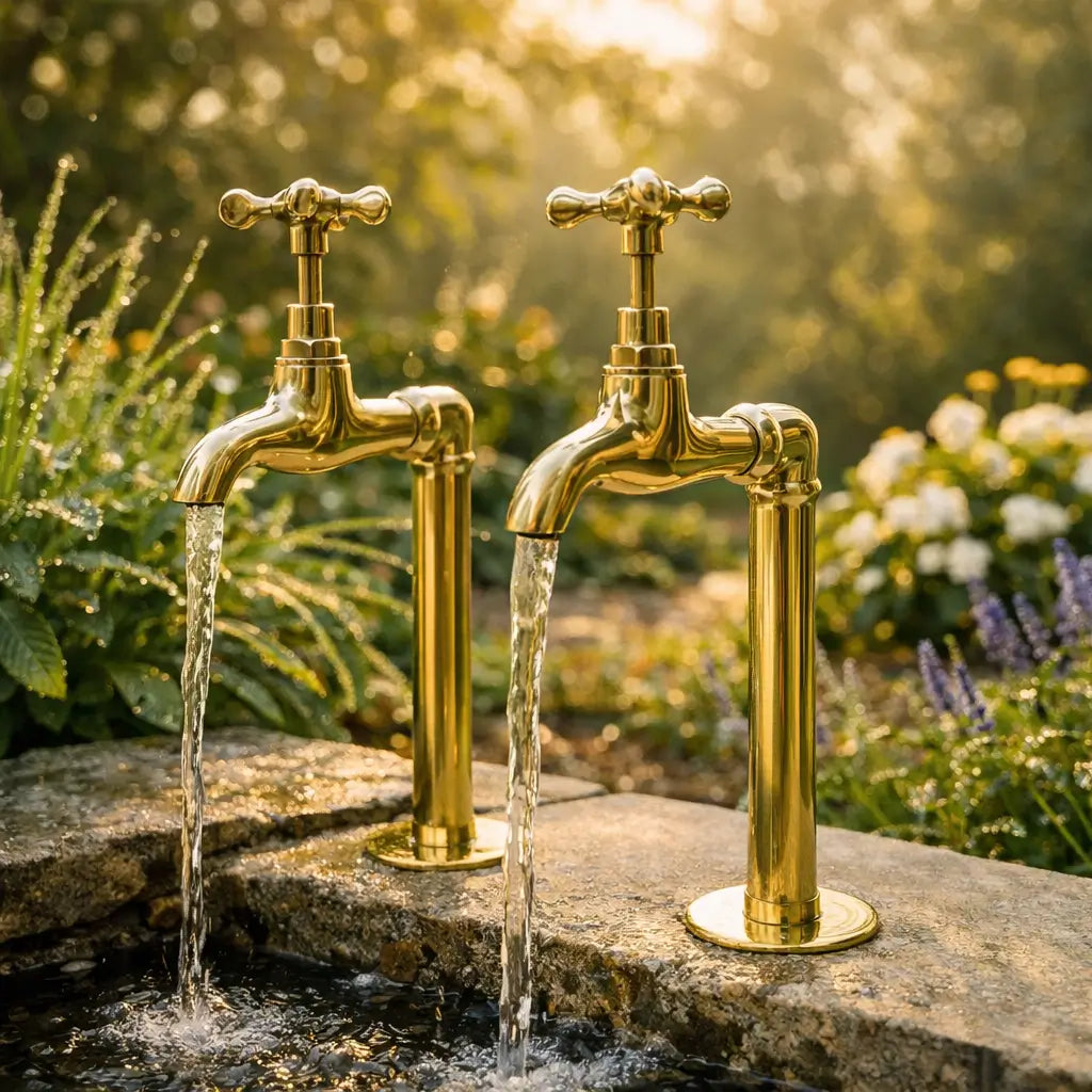 Two premium unlacquered brass water dispenser faucets running water into a stone basin in a lush backyard garden