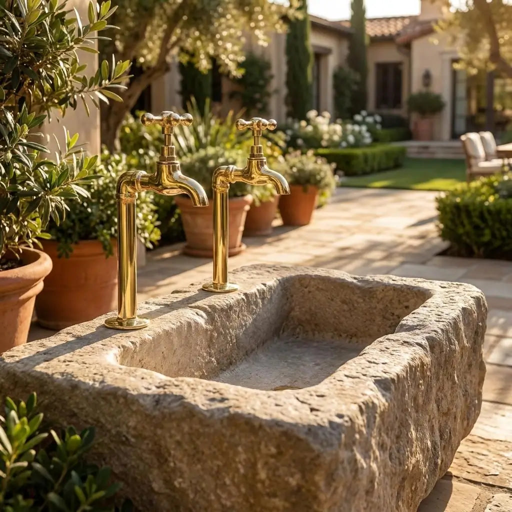 Two premium unlacquered brass water dispenser faucets installed on a rustic stone basin in a sunny Mediterranean patio setup