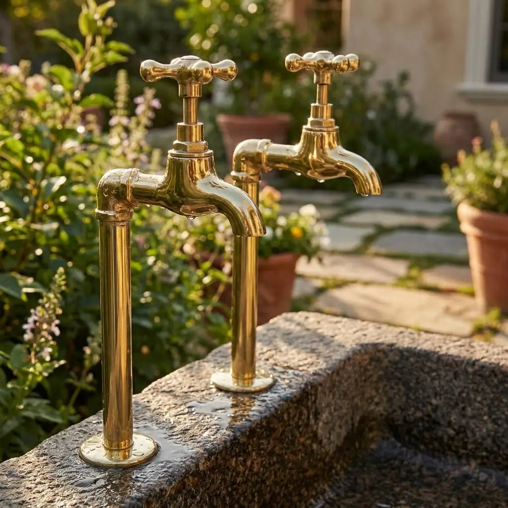 Two premium unlacquered brass water dispenser faucets mounted on a textured stone basin in a sunny backyard garden