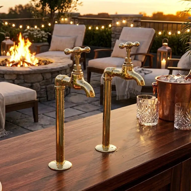 Handmade unlacquered brass water dispenser faucet installed on a wooden outdoor counter next to a fire pit