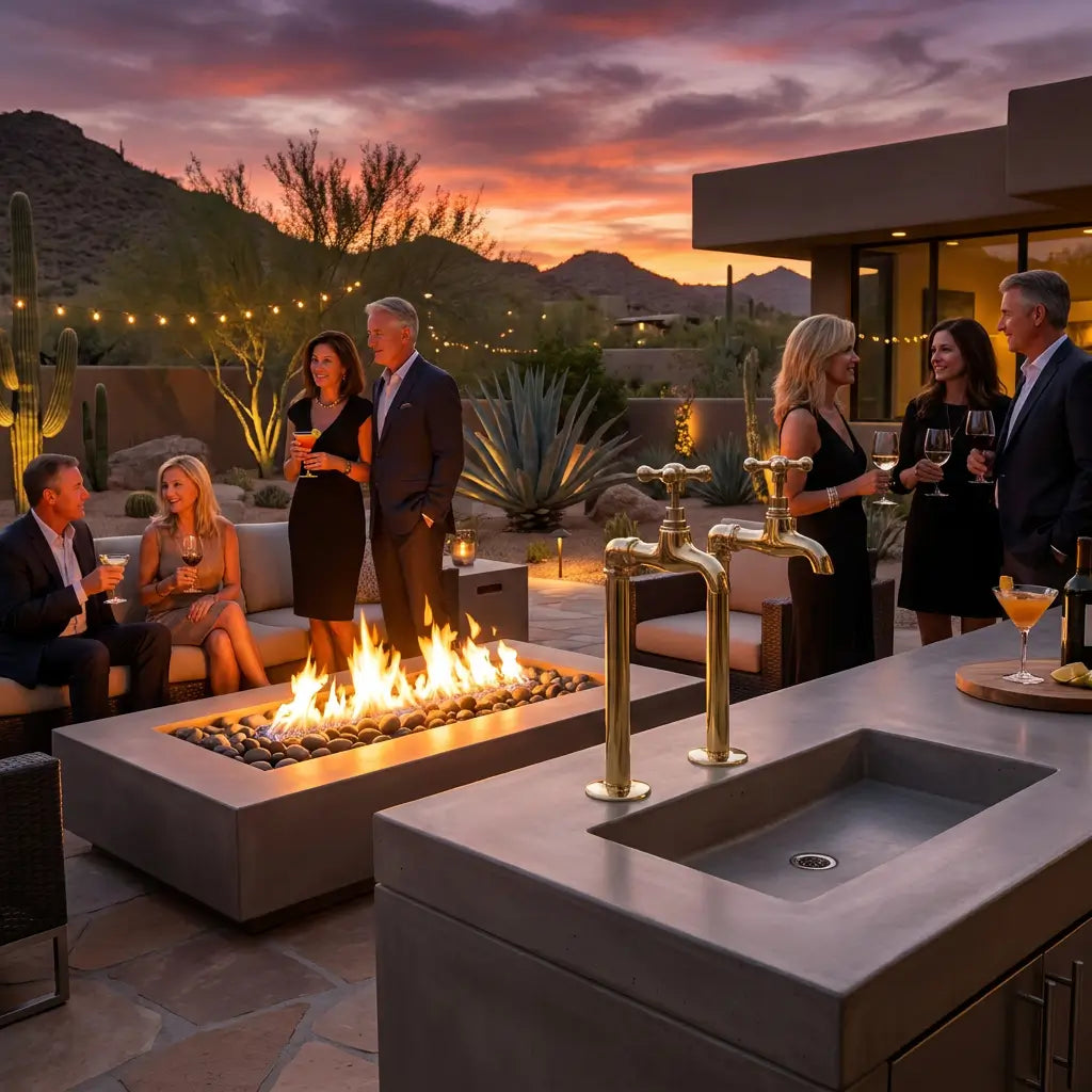 Dual unlacquered brass water faucets mounted on a modern outdoor kitchen sink with people gathering around a fire pit