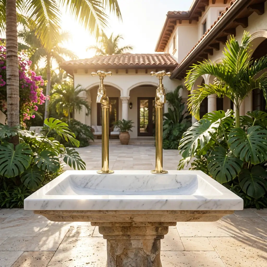 A pair of unlacquered brass water dispenser faucets installed on a white pedestal sink in a tropical villa courtyard