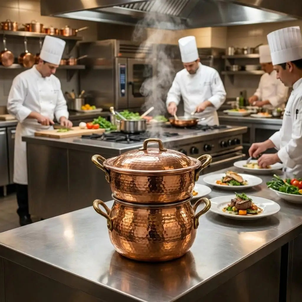 Polished Moroccan copper couscous steamer pot steaming on a stainless steel counter in a professional restaurant kitchen with chefs preparing food.