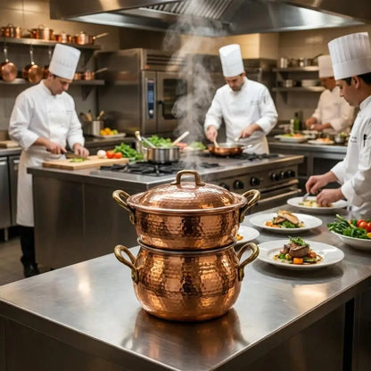Polished Moroccan copper couscous steamer pot steaming on a stainless steel counter in a professional restaurant kitchen with chefs preparing food.