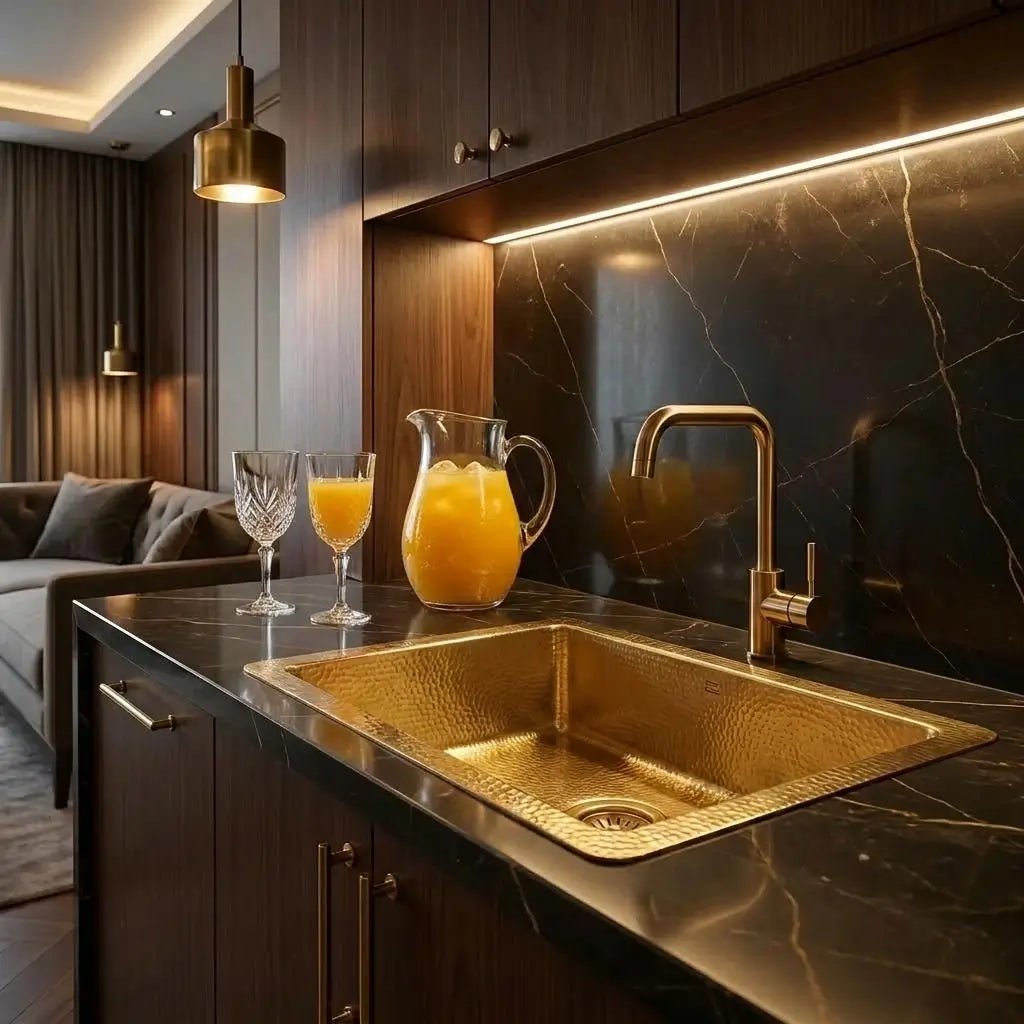 30 inch rectangular hammered copper kitchen sink installed undermount on black marble countertop island with modern gold faucet