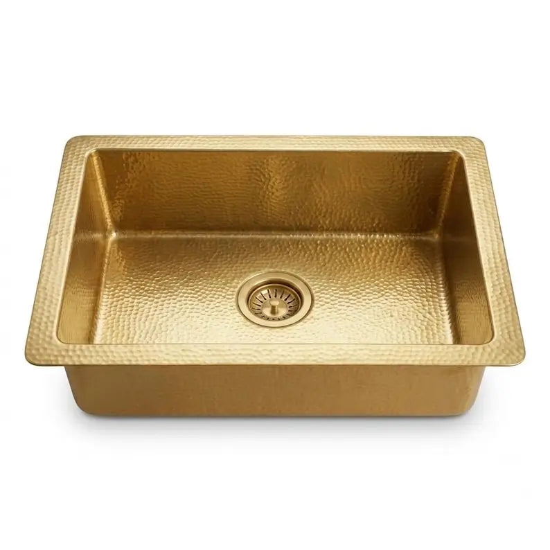 30 inch single bowl rectangular hammered copper kitchen sink with basket strainer drain isolated on white background studio view