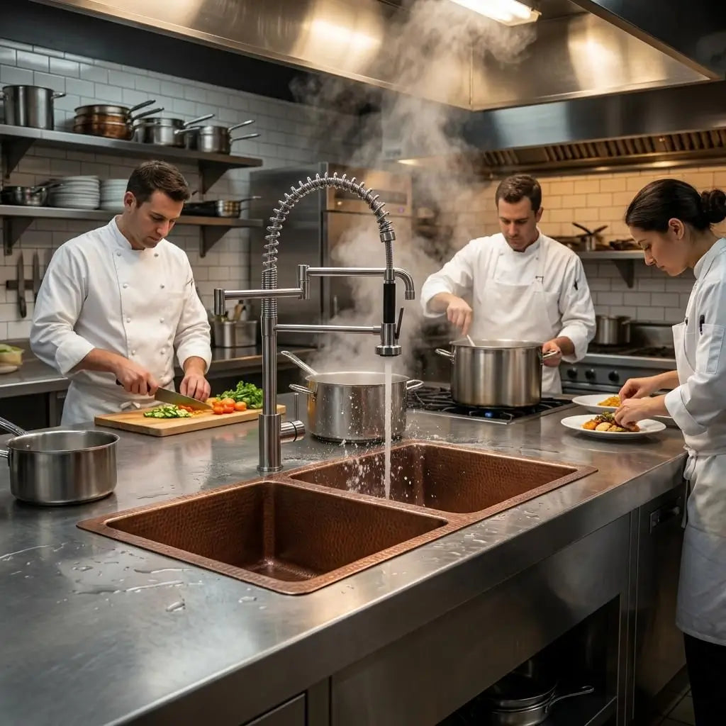 Commercial double bowl copper kitchen sink integrated into a stainless steel workstation with a spring pre-rinse faucet, showing professional chefs cooking.