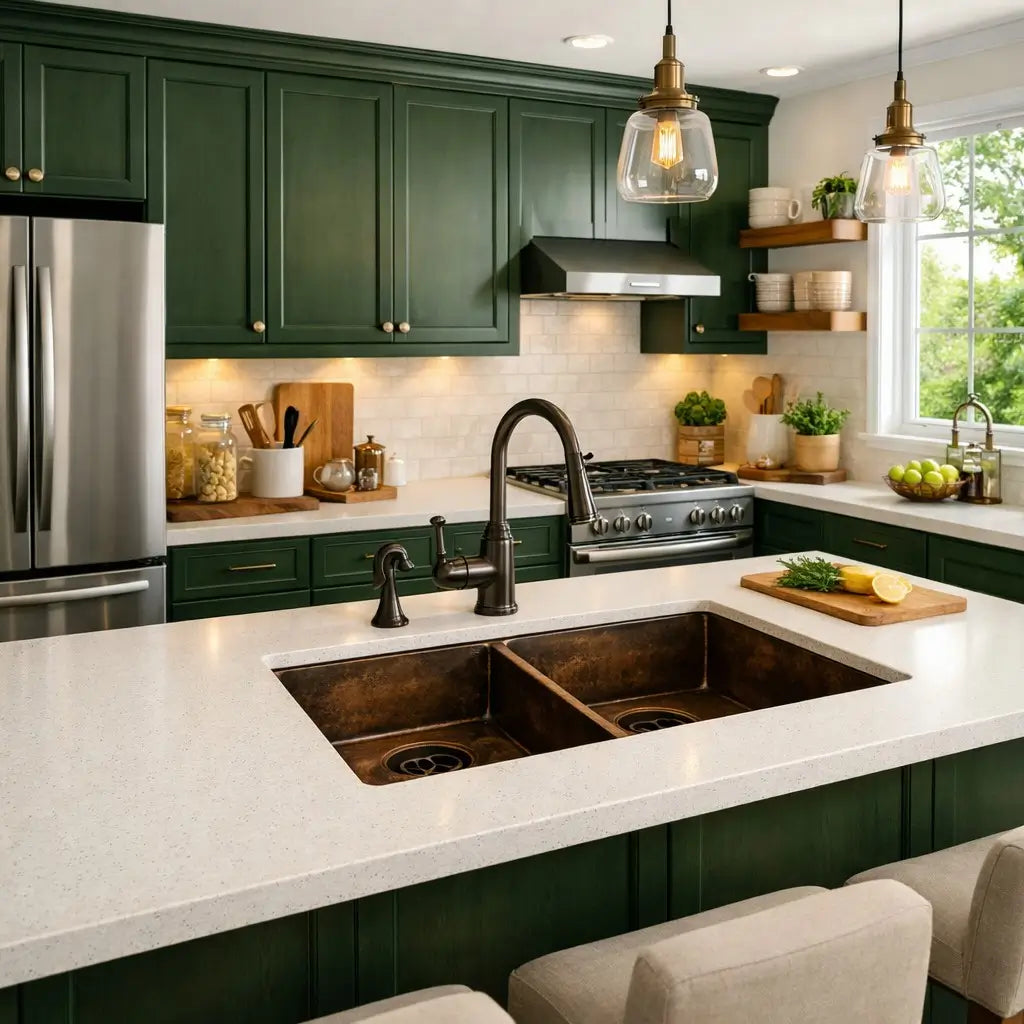 Reverse angle view of a luxury kitchen island with a handmade double bowl copper sink and modern pendant lights