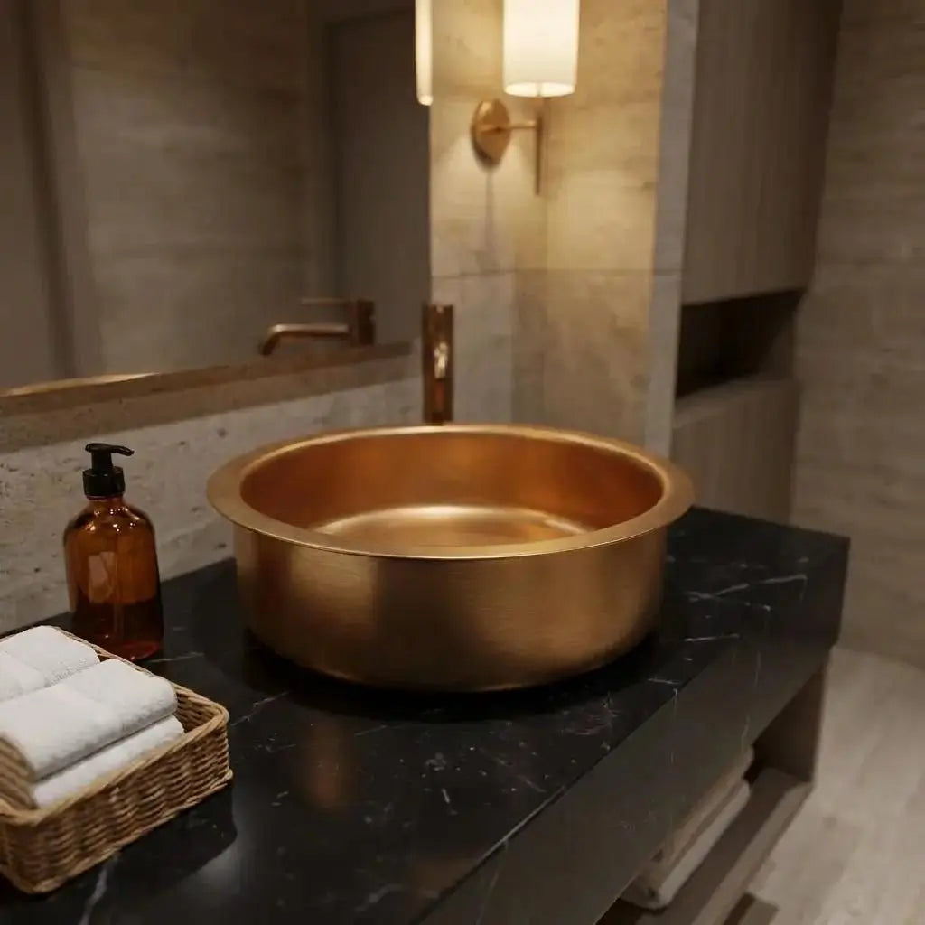 Handcrafted round brass basin installed on a black marble countertop with a soap dispenser and small wicker basket in a modern luxury bathroom.