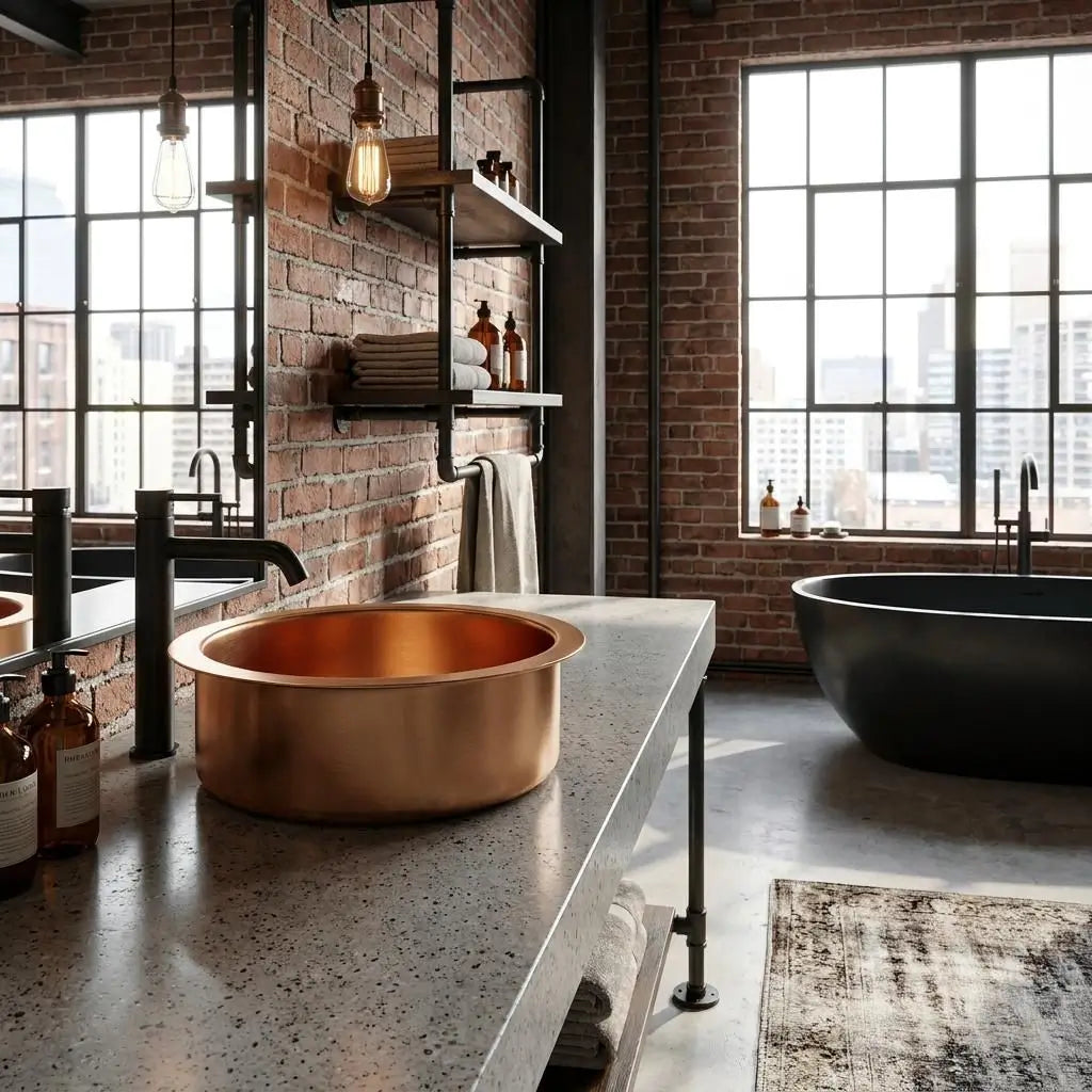 Round brass vessel sink with a black faucet on a concrete countertop in an industrial loft bathroom featuring an exposed brick wall and a freestanding black bathtub