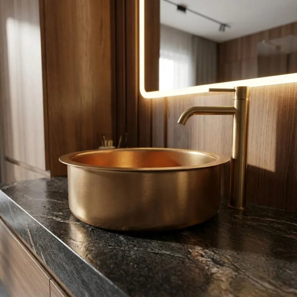 Side view of a handcrafted round brass vessel basin with a matching tall modern faucet, installed on a dark veined granite countertop with a backlit mirror.