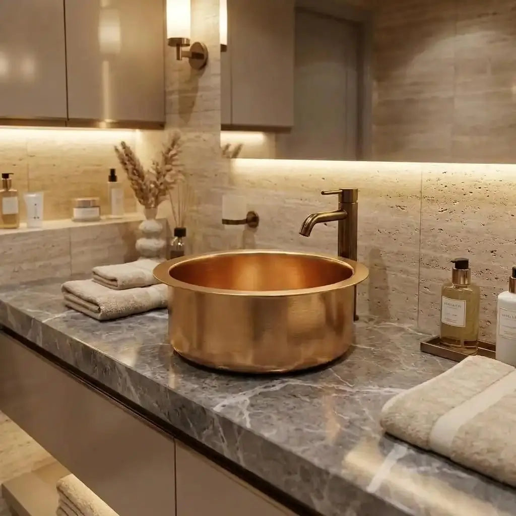 Handcrafted round brass vessel basin with a matching contemporary faucet on a textured grey stone countertop, featured in a modern luxury bathroom with warm ambient lighting.