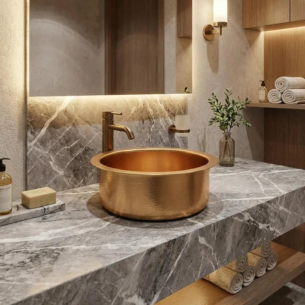 Handcrafted round brass vessel basin with matching gold faucet installed on a grey marble vanity with a large backlit mirror and rolled towels.