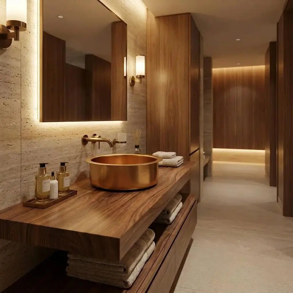 Handcrafted round brass vessel basin paired with a wall-mounted faucet on a thick floating wooden vanity with a large backlit mirror and stylish soap dispensers.