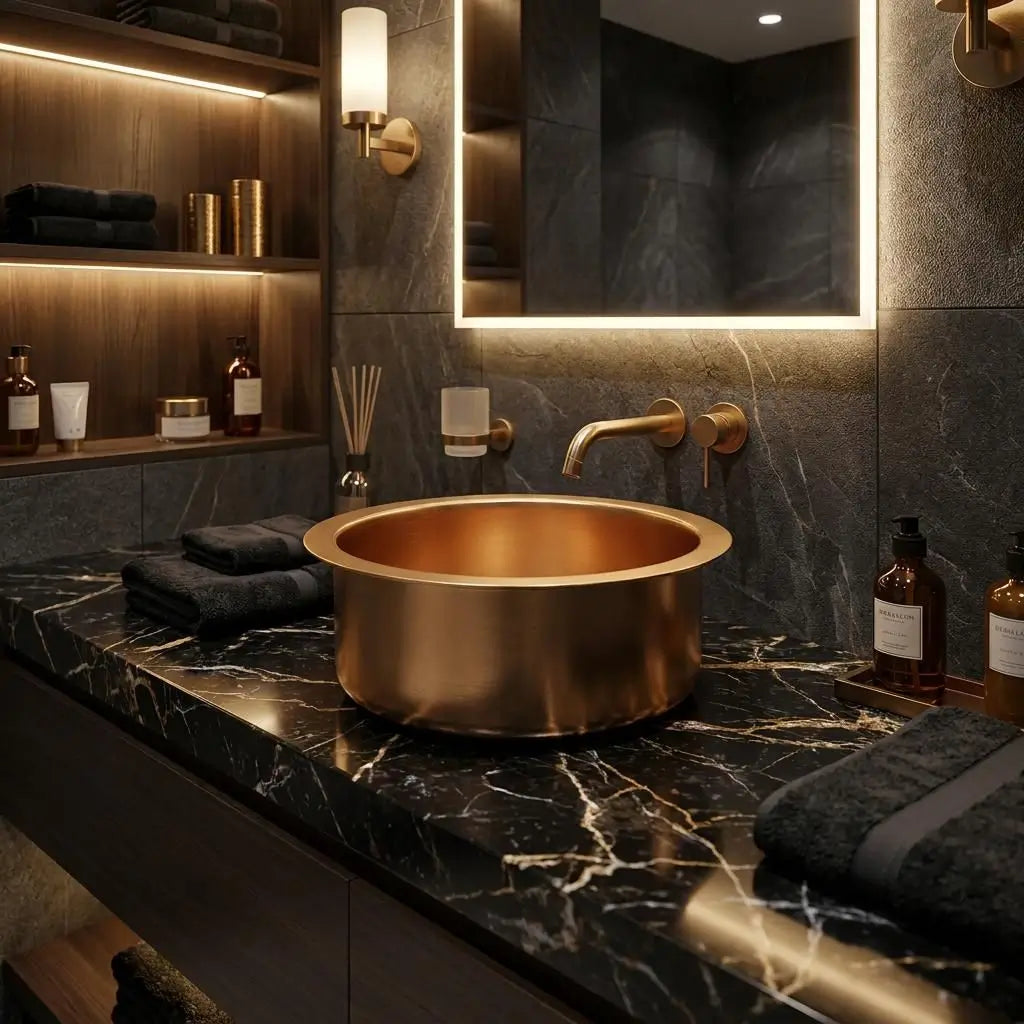 Round brass vessel sink with a wall-mounted gold faucet on a polished black marble countertop in a dark luxury bathroom with warm LED lighting