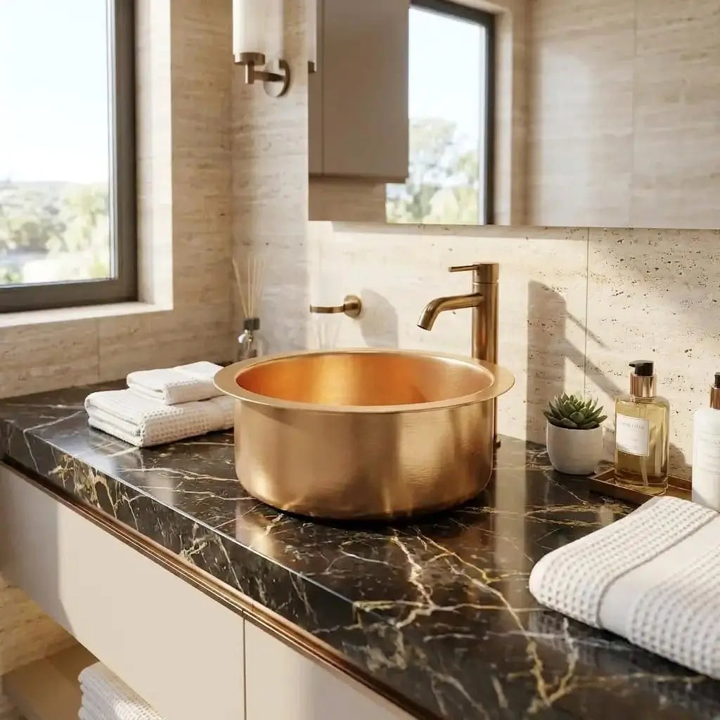 Round brass vessel sink with a modern gold faucet on a veined black marble countertop next to a large window in a bright luxury bathroom