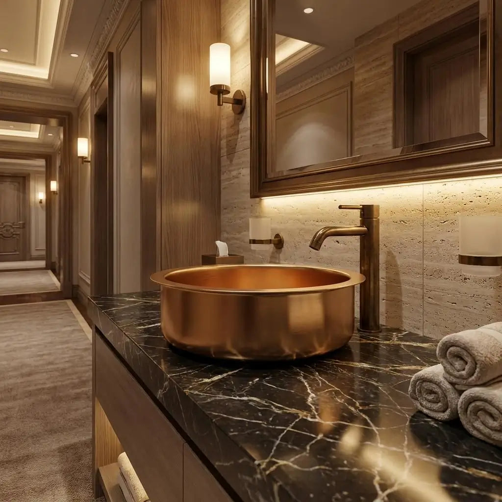 Handcrafted round brass vessel sink with a matching modern faucet installed on a black marble countertop along a luxury hotel hallway with wooden walls and mirrors.