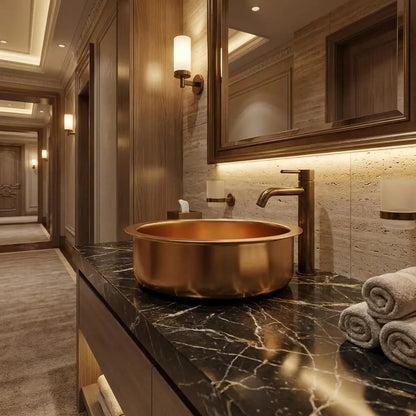 Handcrafted round brass vessel sink with a matching modern faucet installed on a black marble countertop along a luxury hotel hallway with wooden walls and mirrors.