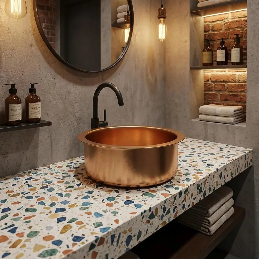 Round brass vessel sink with a matte black faucet on a colorful terrazzo countertop against a concrete wall with an exposed brick niche