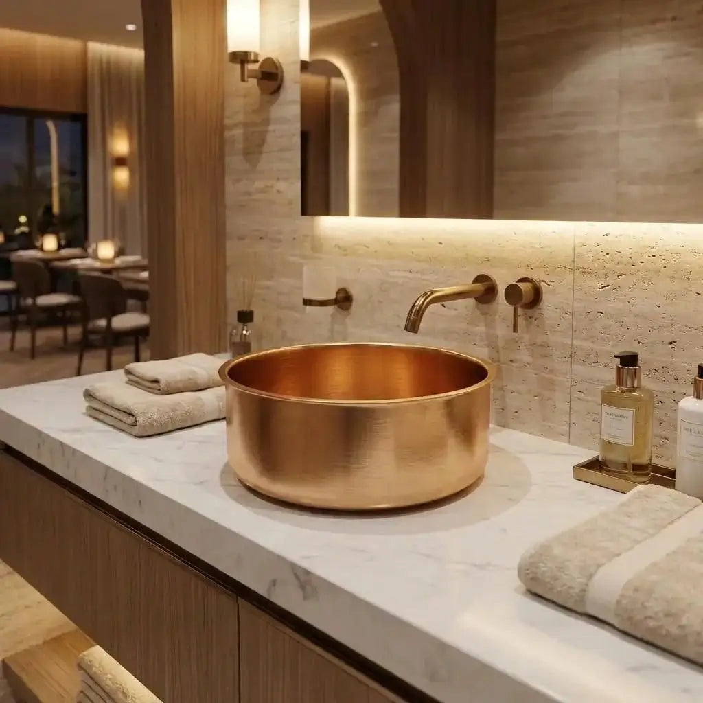 Round brass vessel sink with a wall-mounted brass faucet on a white stone countertop against a beige travertine tile wall in a luxury hotel bathroom