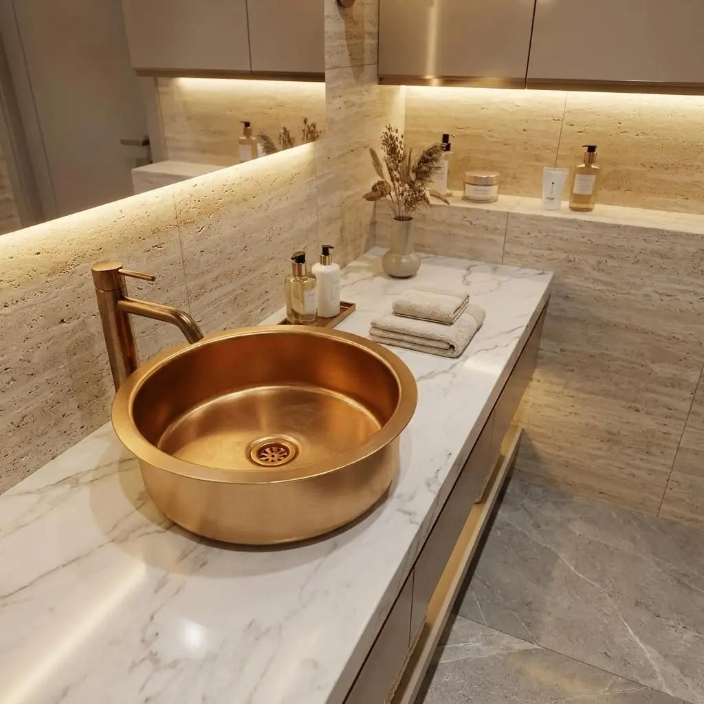 Top view of a round brass vessel sink with an antique brass faucet on a white marble countertop in front of a travertine tiled wall with LED lighting