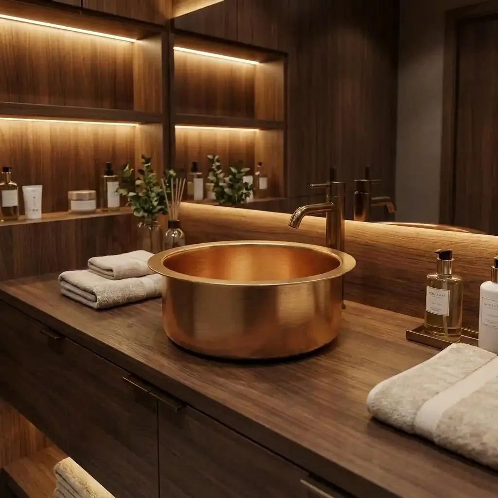 Round brass vessel sink with a dark faucet on a matching wooden countertop in a luxury spa bathroom featuring ambient LED strip lighting under wooden shelves