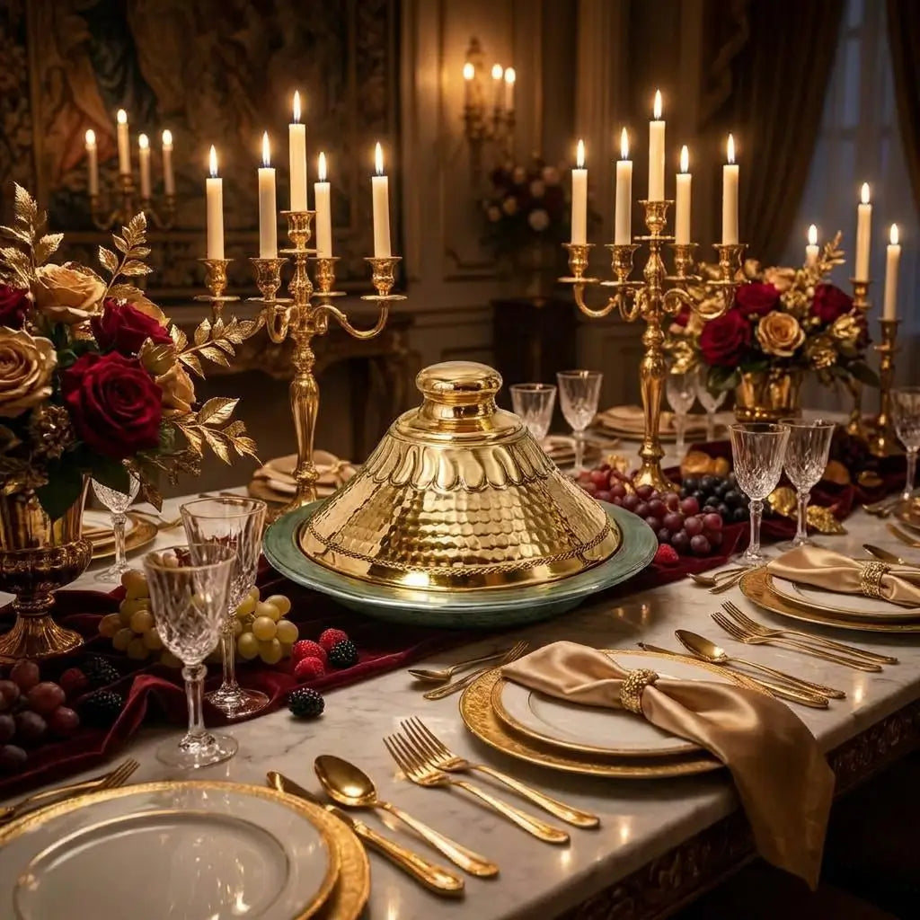 Traditional Moroccan copper tagine served as a centerpiece on an elegant banquet table with golden candelabras and luxury dinnerware