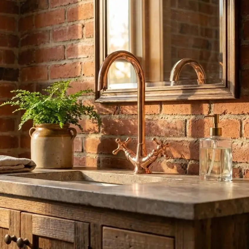 Polished copper gooseneck faucet mounted on a rustic vanity sink with a red brick wall background and green plant.