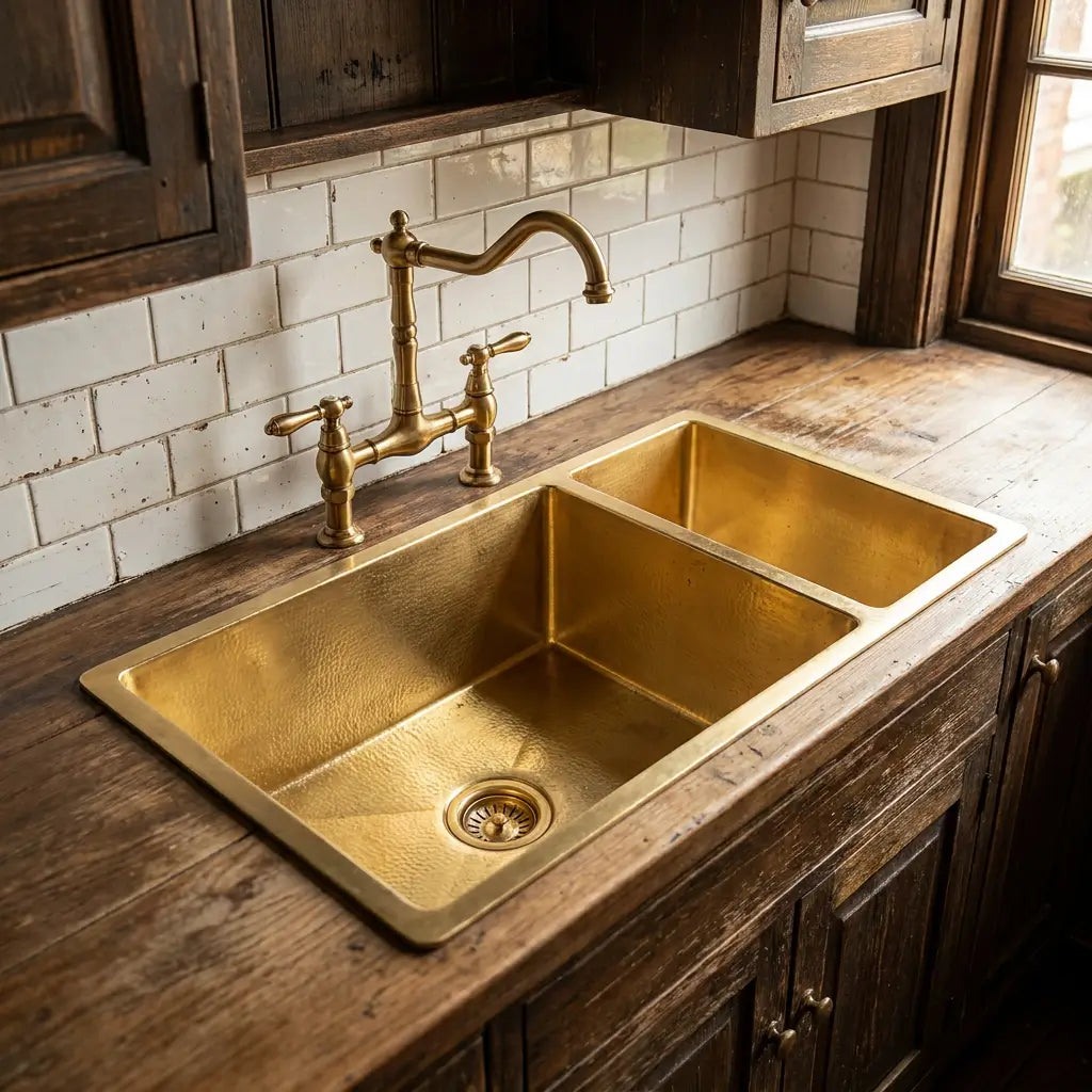Rustic farmhouse kitchen setup showcasing an undermount copper double basin sink paired with an antique brass bridge faucet on a weathered wooden countertop with subway tile backsplash.