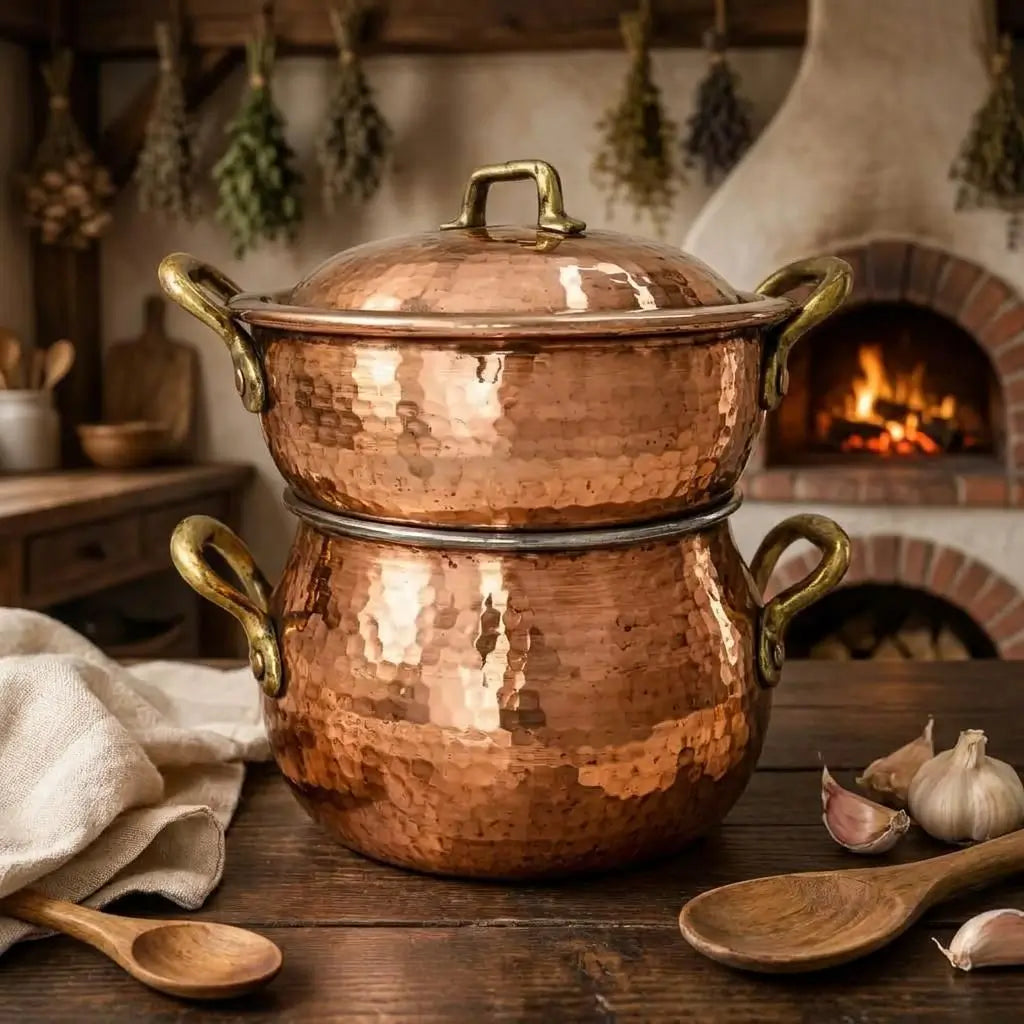 Handmade hammered Moroccan copper couscous steamer pot on a wooden table, featuring a rustic kitchen backdrop with a brick fireplace and wooden spoons.