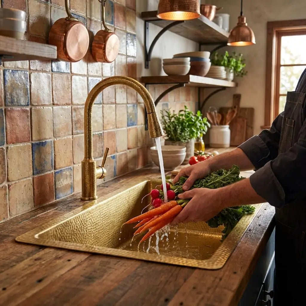 Washing fresh carrots under running water from a gold faucet in a 30 inch rectangular hammered copper sink surrounded by terracotta tiles and wooden countertop