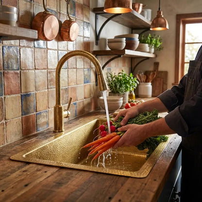 Washing fresh carrots under running water from a gold faucet in a 30 inch rectangular hammered copper sink surrounded by terracotta tiles and wooden countertop