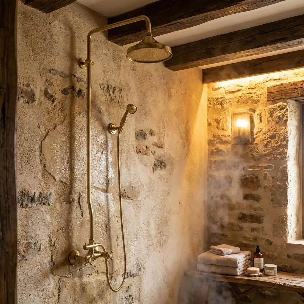 Rustic unlacquered brass shower system with a Moroccan wall-mounted rain head on an earthy textured tadelakt plaster wall with exposed wooden ceiling beams.