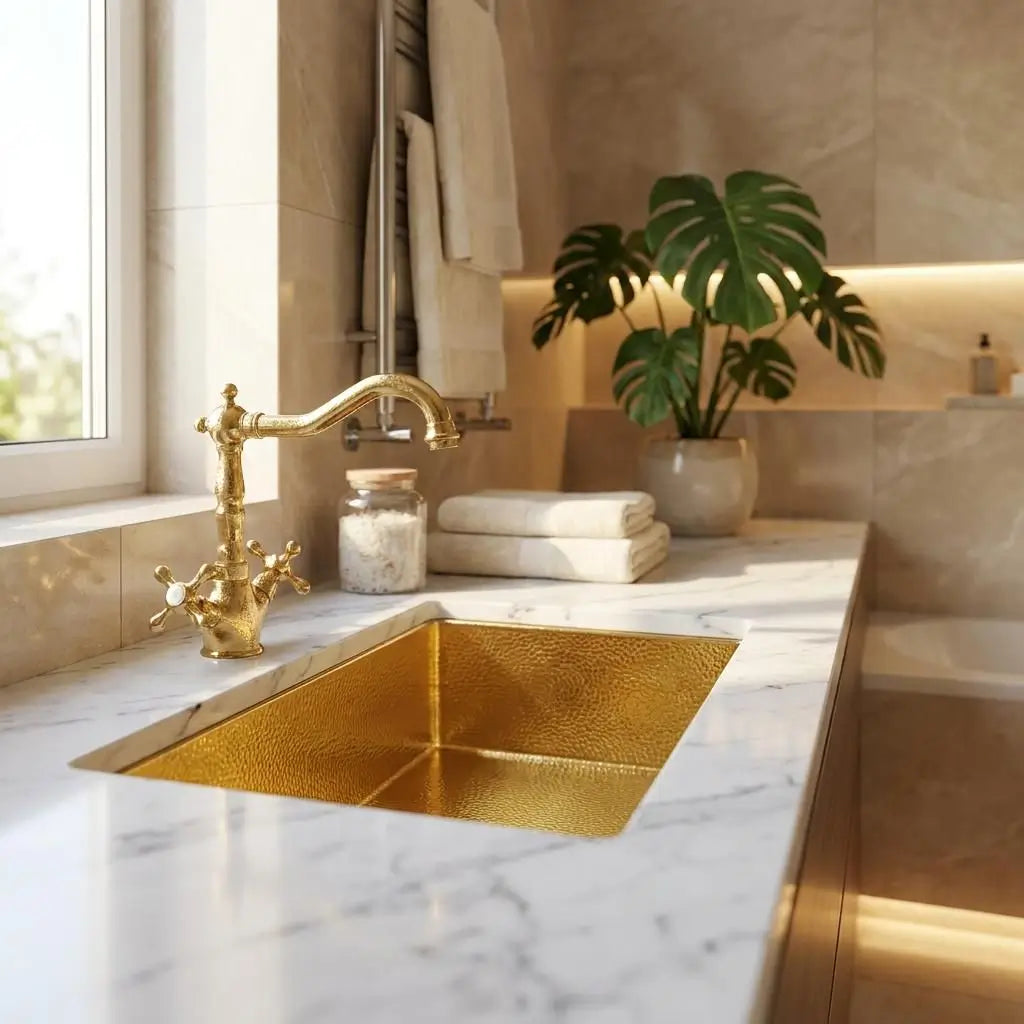 Side view of an undermount brass Moroccan sink in a white marble countertop near a window, featuring a vintage brass faucet and a potted Monstera plant.