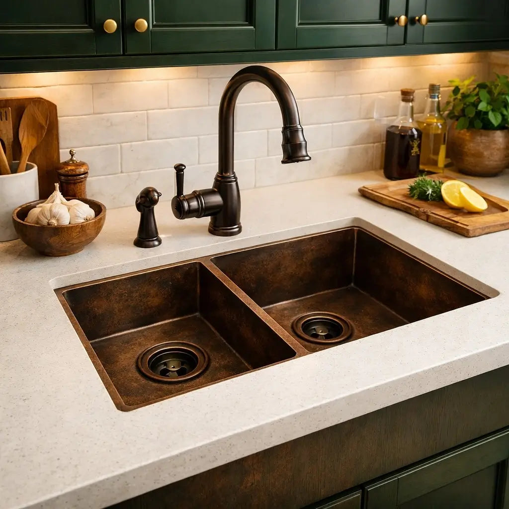 Side angle view of handmade double bowl copper kitchen sink installed with oil rubbed bronze faucet in a bright kitchen countertop