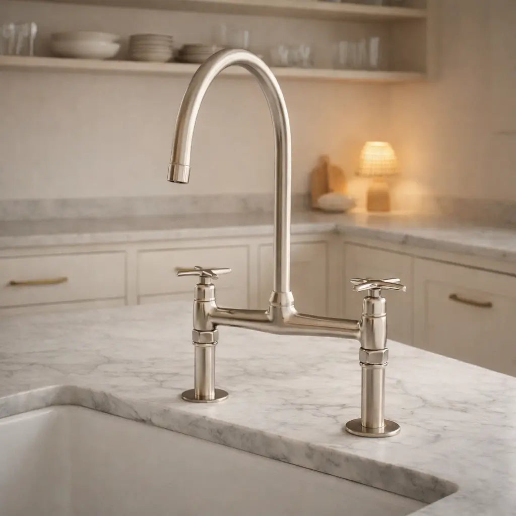 Close-up of a warm brushed nickel Heritage bridge kitchen faucet with a high-arc gooseneck spout on a white stone countertop in a softly lit modern luxury kitchen.
