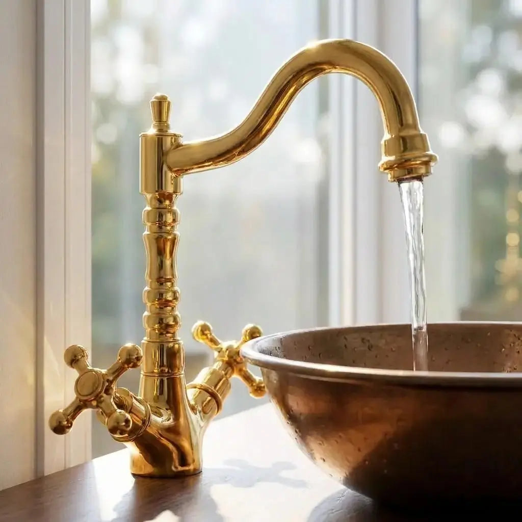 Close-up of a solid brass bathroom faucet with running water flowing smoothly into a copper basin near a window.