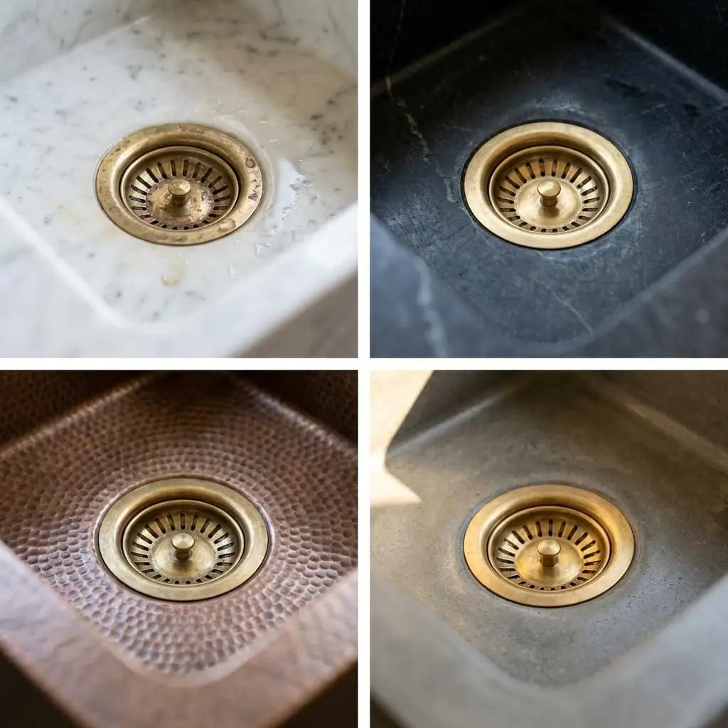 Four-panel showcase of a solid brass drain basket installed in different basin materials including white marble, black stone, and hammered copper kitchen sinks.