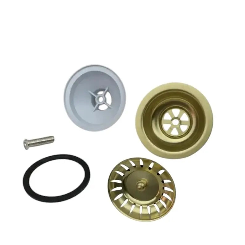 Top-down view of a solid brass sink drain assembly featuring the flange, removable basket strainer, black rubber washer, and metal screw on a white background.