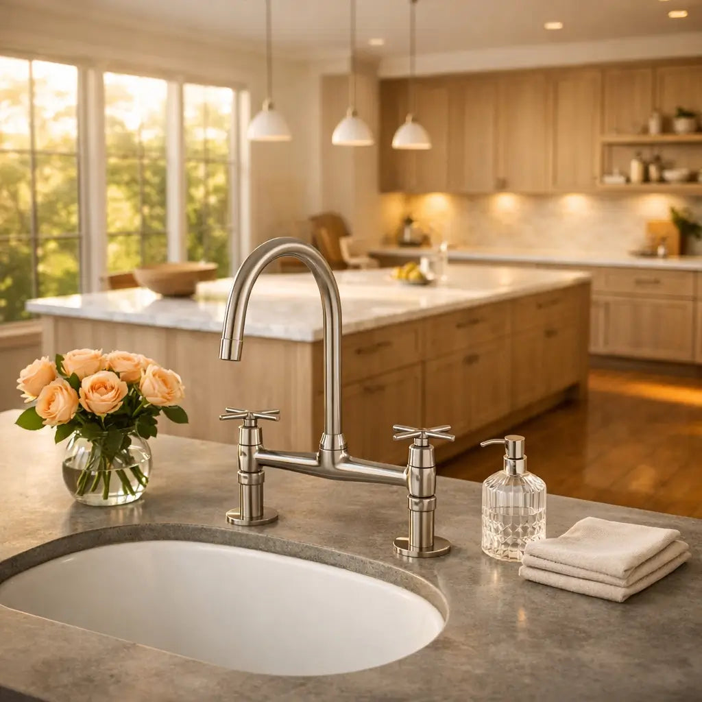 Warm brushed nickel Heritage bridge kitchen faucet on a grey stone counter with pink roses and a background of an open-concept luxury kitchen with pendant lighting.