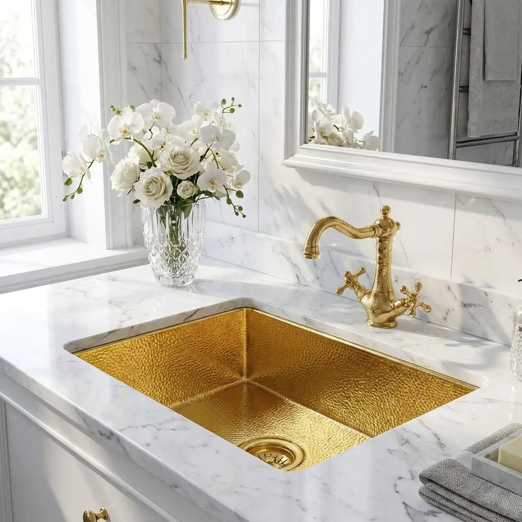 Bright bathroom vanity featuring an undermount square hammered brass Moroccan sink in a white marble countertop with a vintage gold faucet and a vase of white roses.