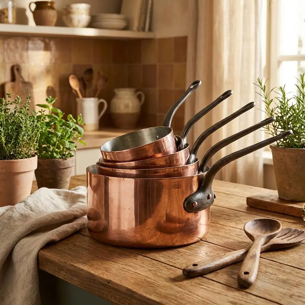 Graduated vintage Moroccan copper pots stacked on a wooden rustic kitchen counter, featuring thick food-safe tin lining, long metal handles, potted herbs, and wooden cooking utensils.