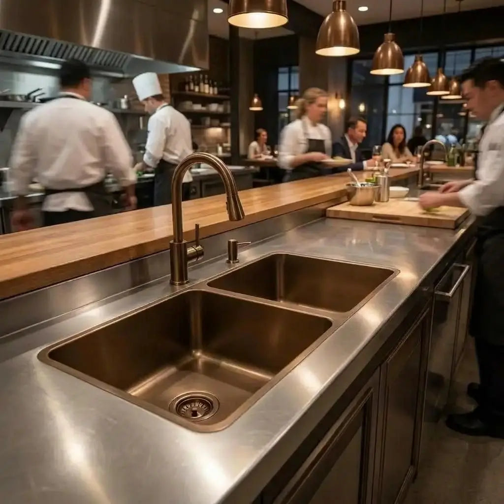 Undermount double bowl copper sink integrated into a stainless steel professional kitchen counter with a high-arc faucet, showing chefs prepping food and copper pendant lights.