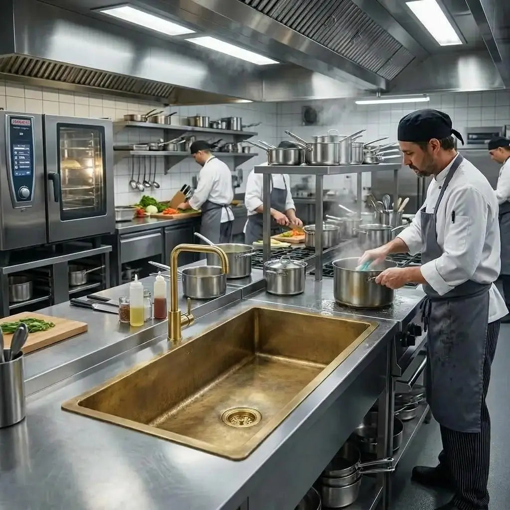 Brass kitchen sink built into a stainless steel countertop station with professional chefs cooking at different food prep areas