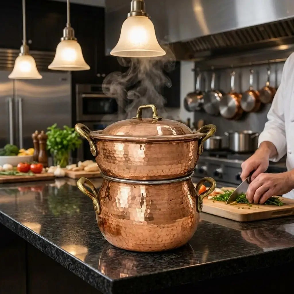 Moroccan copper couscous steamer pot releasing thick steam on a dark granite counter under pendant lights, with a chef chopping fresh herbs in the background.