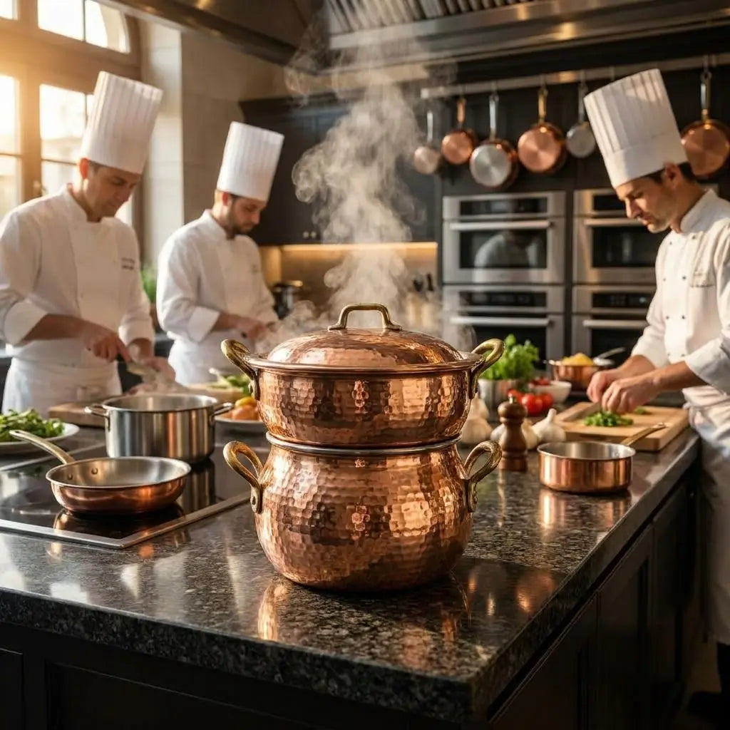 Steaming Moroccan copper couscoussier steamer pot on a granite island with professional chefs cooking in a restaurant kitchen.