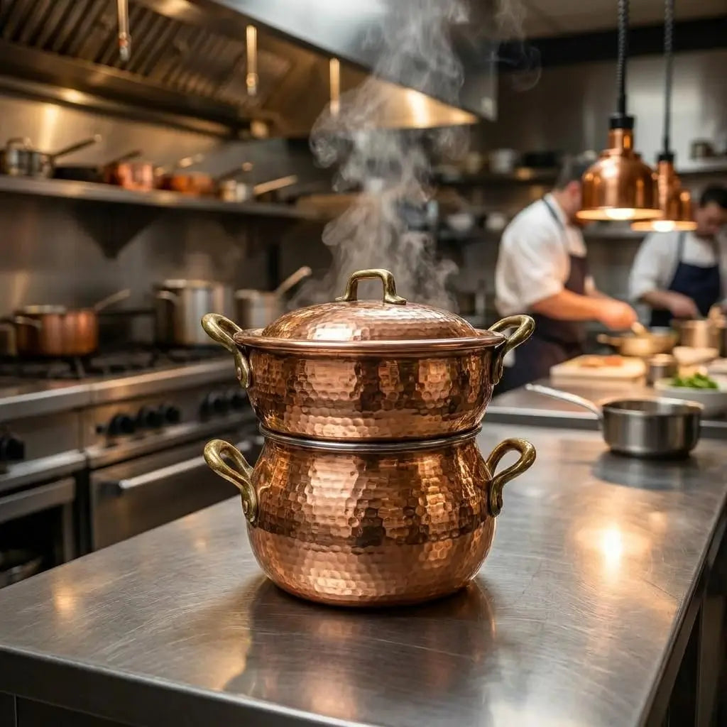 Steaming Moroccan copper couscoussier steamer pot on a stainless steel counter in a commercial restaurant kitchen.