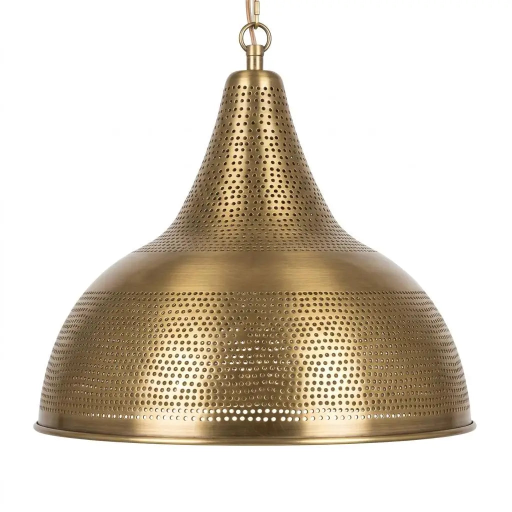 A close-up studio shot of a handcrafted perforated brass dome ceiling lamp featuring intricate dot cutouts on an antique metal surface, isolated against a solid off-white background.