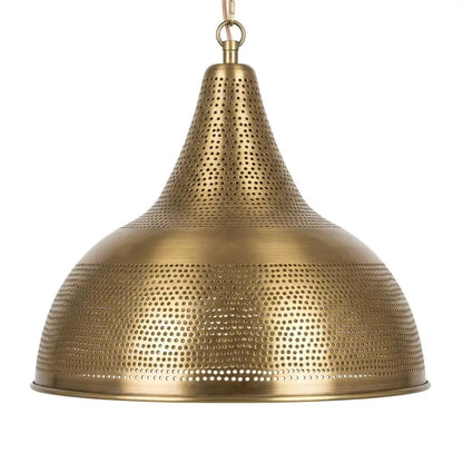 A close-up studio shot of a handcrafted perforated brass dome ceiling lamp featuring intricate dot cutouts on an antique metal surface, isolated against a solid off-white background.
