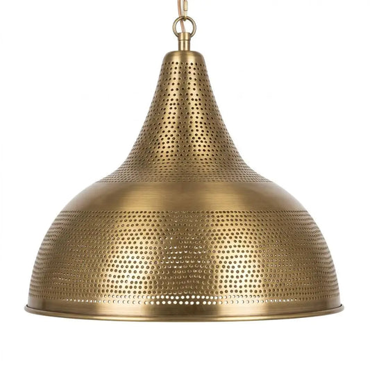 A close-up studio shot of a handcrafted perforated brass dome ceiling lamp featuring intricate dot cutouts on an antique metal surface, isolated against a solid off-white background.